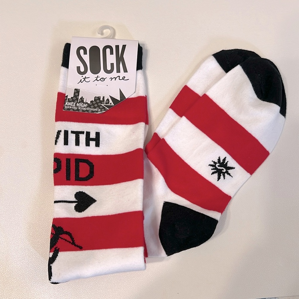Valentine knee highs w/I’m with Cupid saying on calf red and white stripes S